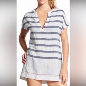 Athleta Women’s Navy and White Striped V-Neck Tunic Coverup Dress Size Large